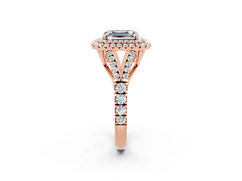 Rose gold Double Halo Emerald Cut Moissanite Split Shank Engagement Ring with Four-Prong Setting_2