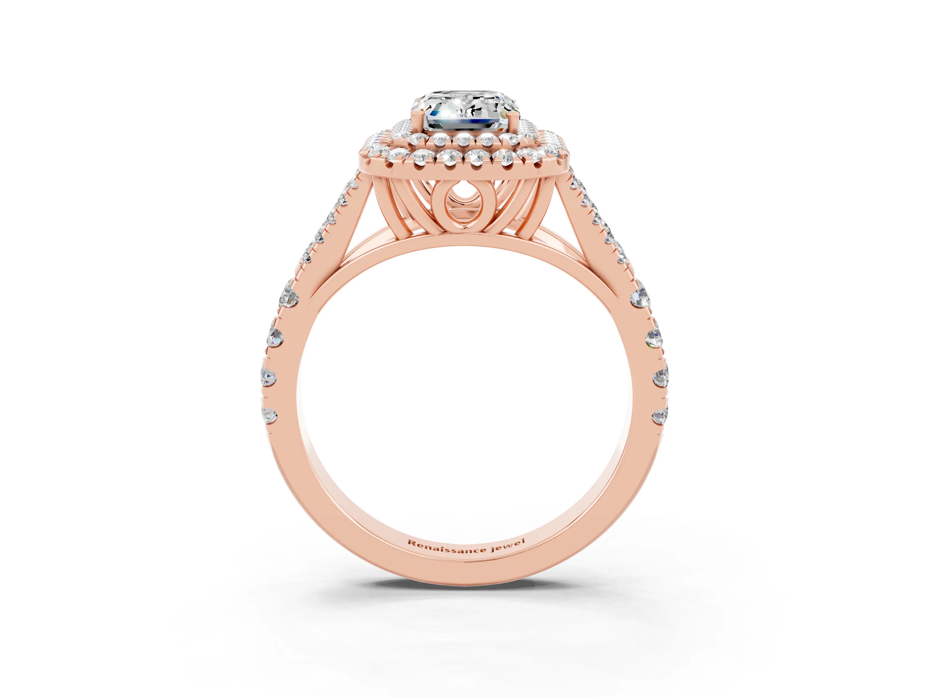 Rose gold Double Halo Emerald Cut Moissanite Split Shank Engagement Ring with Four-Prong Setting_3