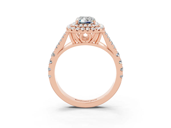 Rose gold Double Halo Emerald Cut Moissanite Split Shank Engagement Ring with Four-Prong Setting