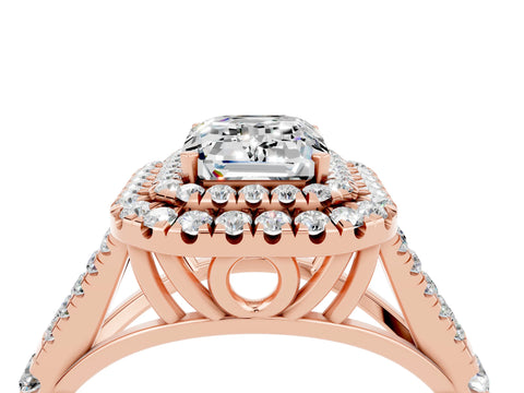 Rose gold Double Halo Emerald Cut Moissanite Split Shank Engagement Ring with Four-Prong Setting_4