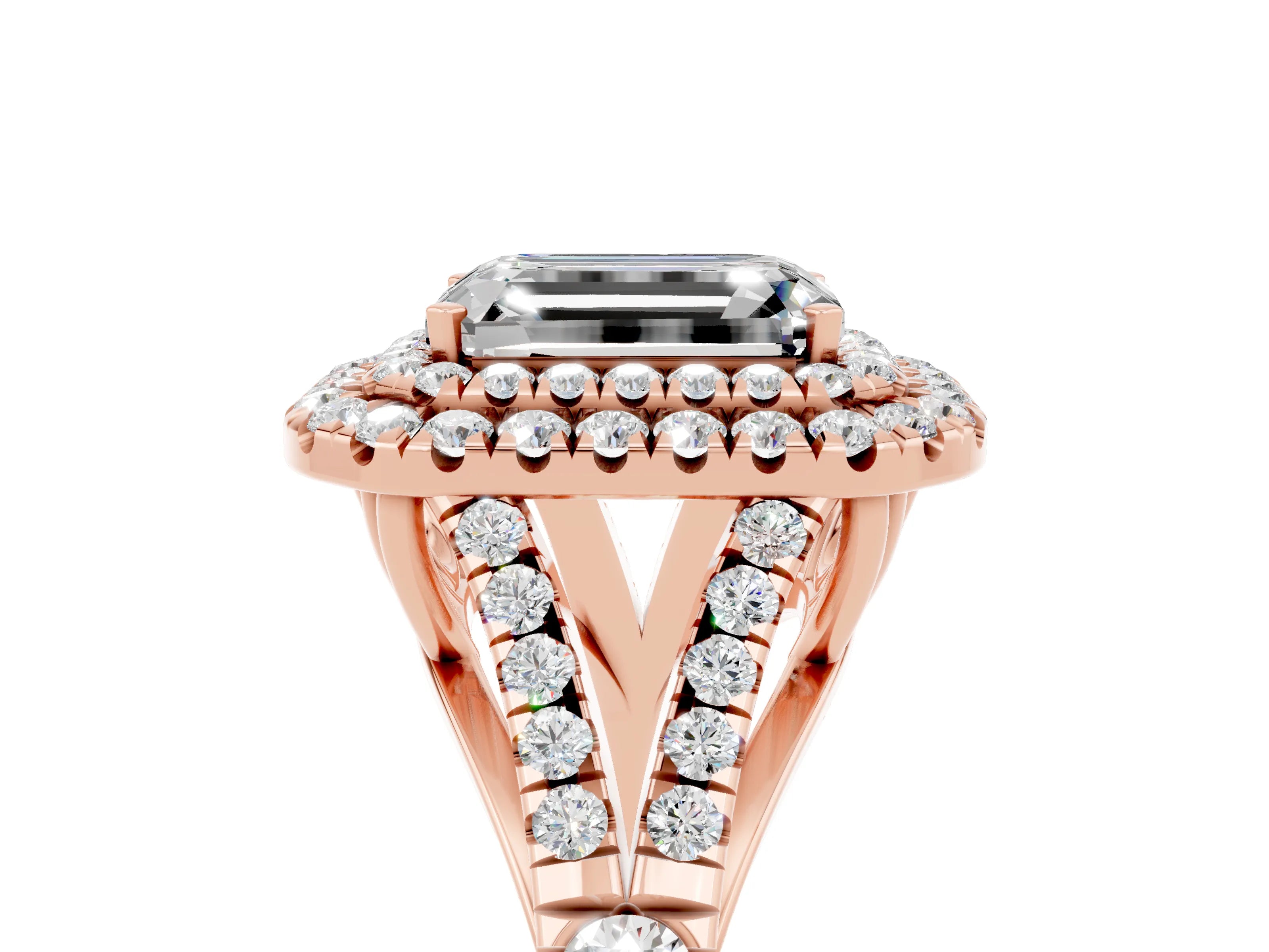 Rose gold Double Halo Emerald Cut Moissanite Split Shank Engagement Ring with Four-Prong Setting_5