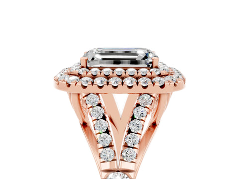 Rose gold Double Halo Emerald Cut Moissanite Split Shank Engagement Ring with Four-Prong Setting_5