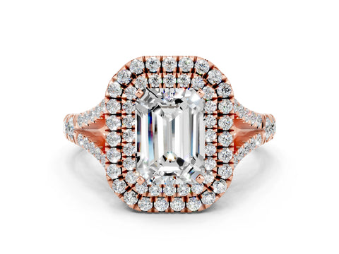 Rose gold Double Halo Emerald Cut Moissanite Split Shank Engagement Ring with Four-Prong Setting