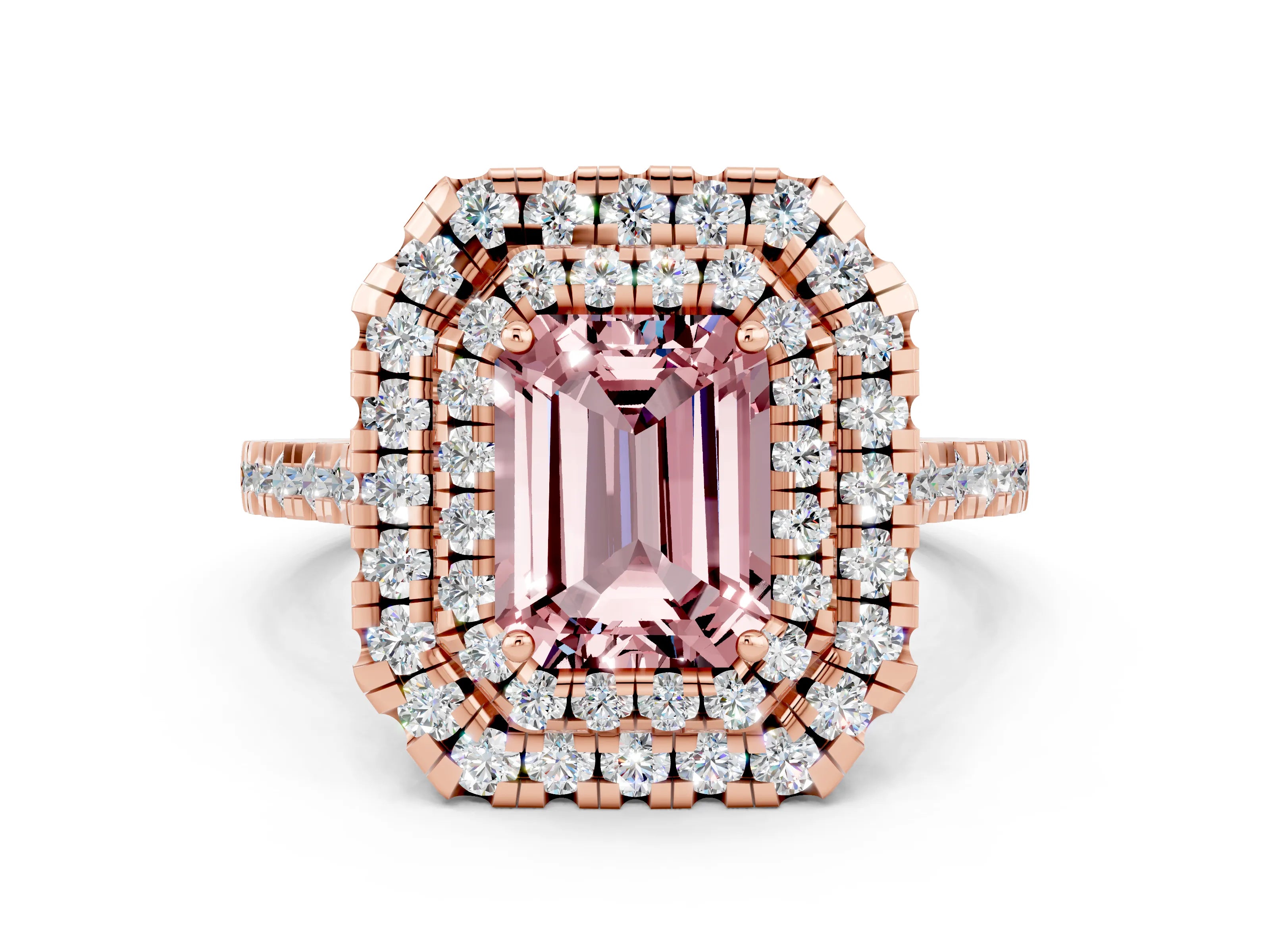 Rose gold Double Halo Emerald Cut Morganite Pavé Band with Four-Prong Setting