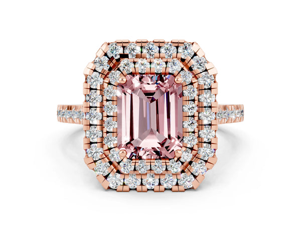 Rose gold Double Halo Emerald Cut Morganite Pavé Band with Four-Prong Setting