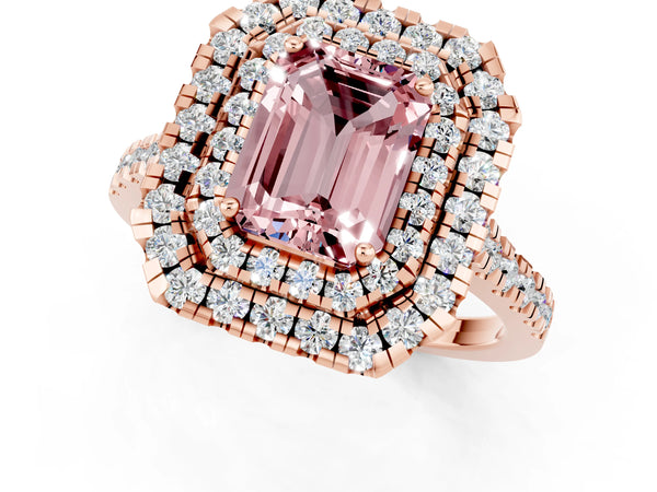 Rose gold Double Halo Emerald Cut Morganite Pavé Band with Four-Prong Setting