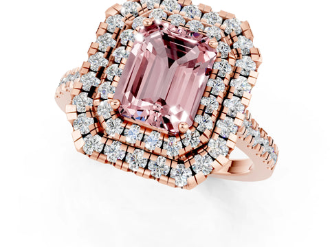 Rose gold Double Halo Emerald Cut Morganite Pavé Band with Four-Prong Setting_1