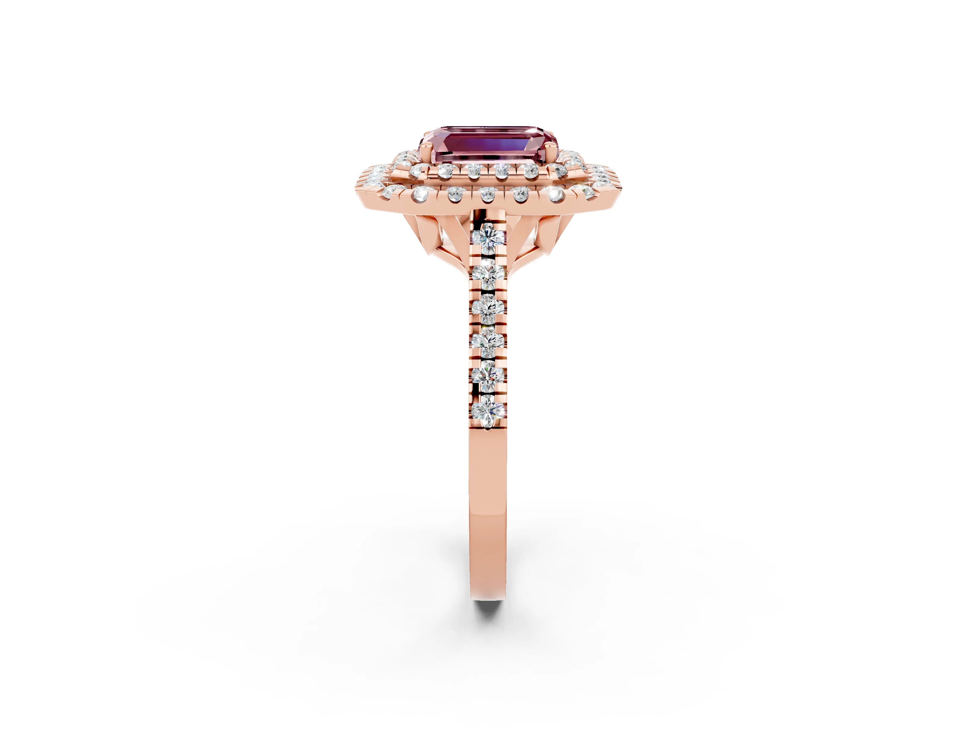 Rose gold Double Halo Emerald Cut Morganite Pavé Band with Four-Prong Setting_2