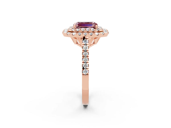 Rose gold Double Halo Emerald Cut Morganite Pavé Band with Four-Prong Setting