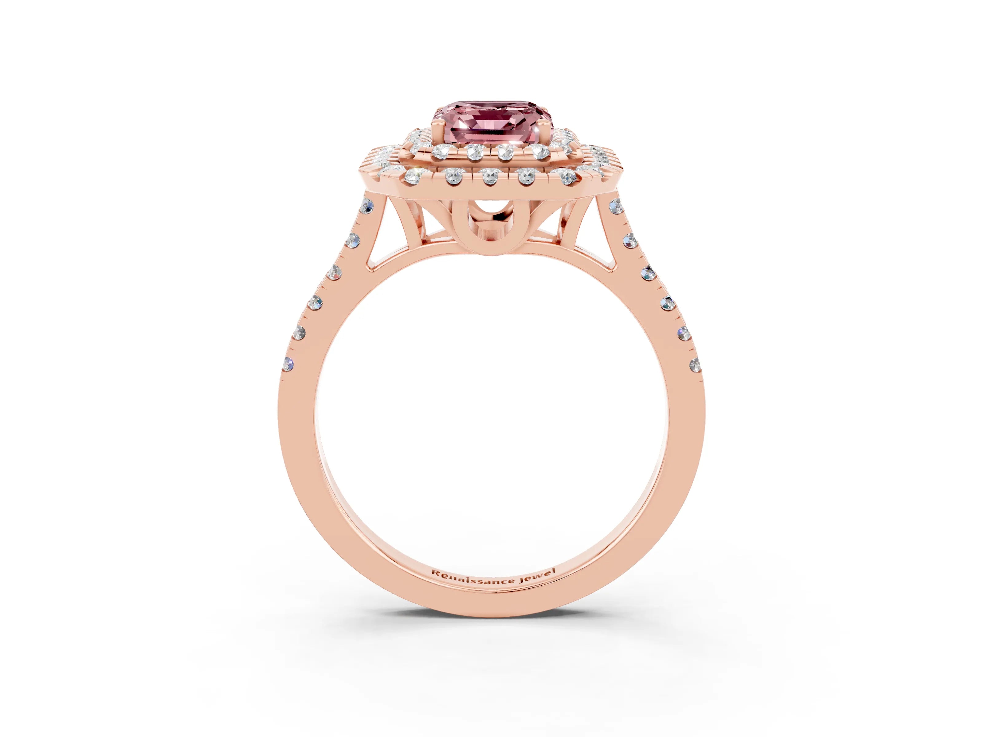 Rose gold Double Halo Emerald Cut Morganite Pavé Band with Four-Prong Setting_3