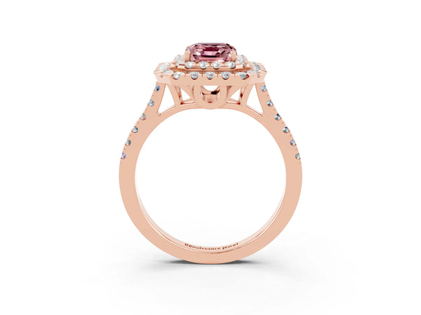 Rose gold Double Halo Emerald Cut Morganite Pavé Band with Four-Prong Setting