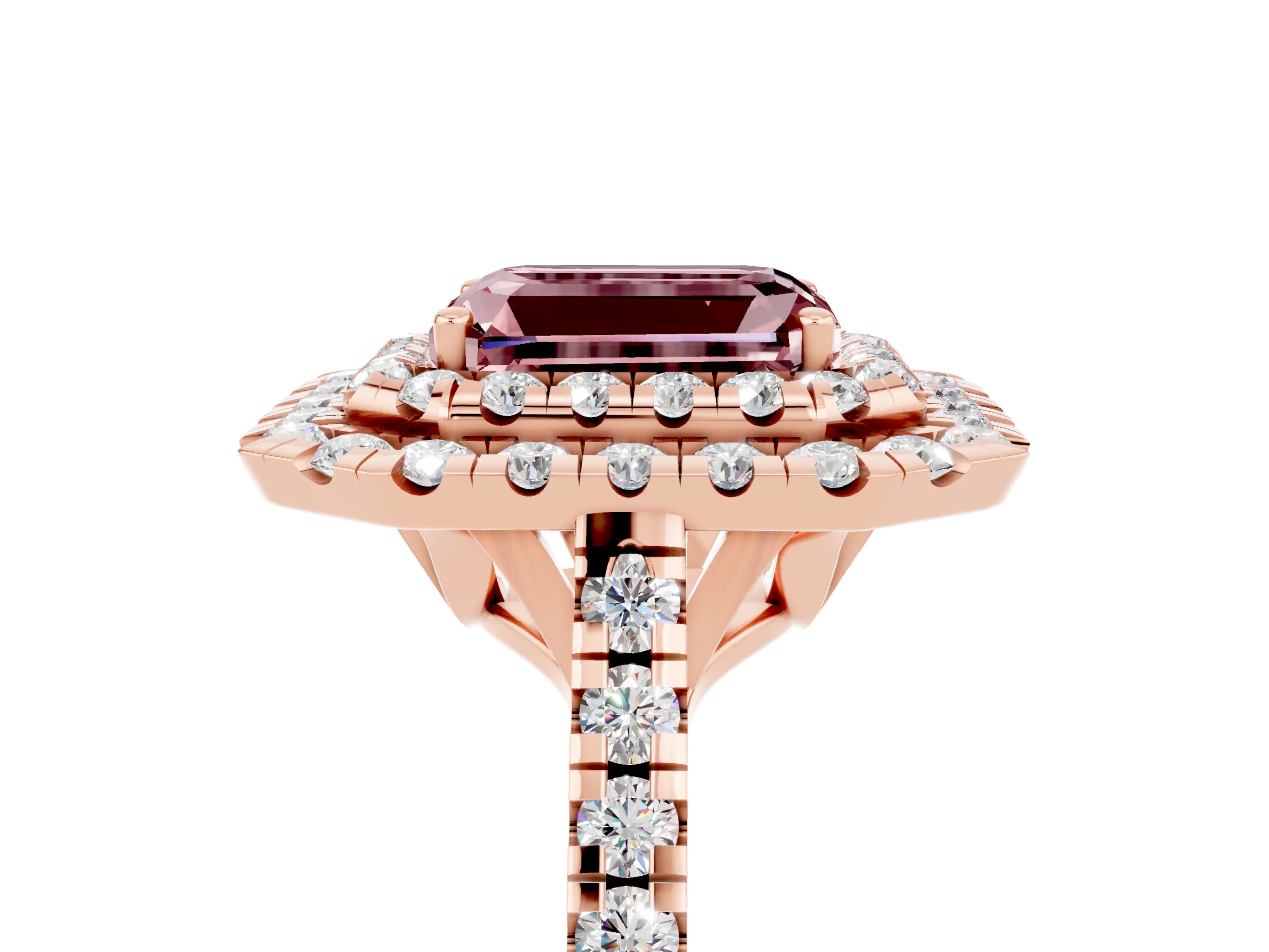 Rose gold Double Halo Emerald Cut Morganite Pavé Band with Four-Prong Setting_5