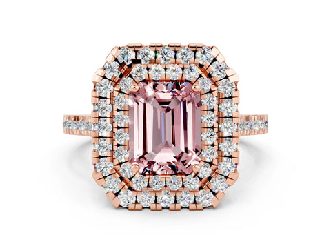 Rose gold Double Halo Emerald Cut Morganite Pavé Band with Four-Prong Setting