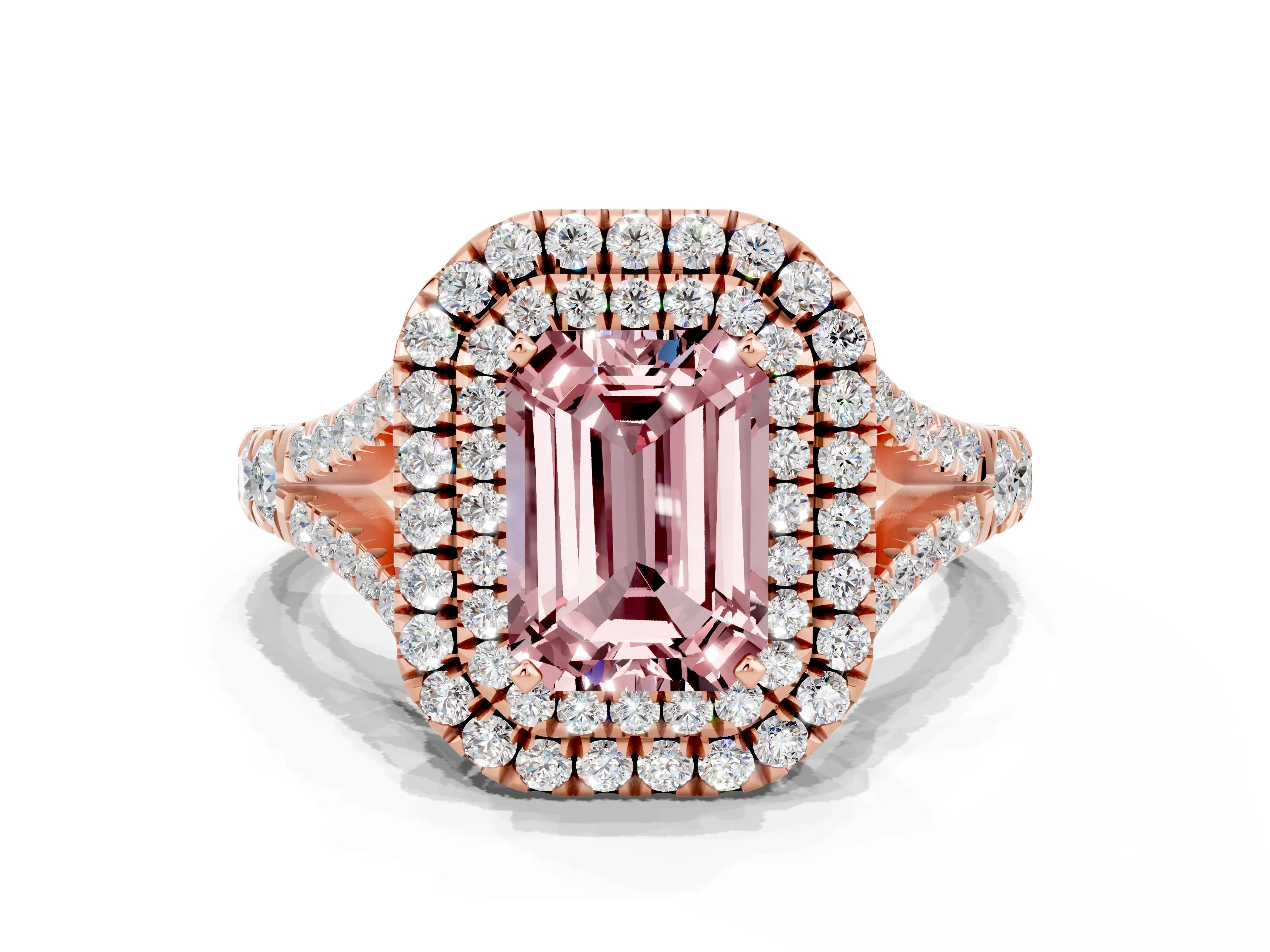 Rose gold Double Halo Emerald Cut Morganite Pavé Split Shank Ring with Prong Setting