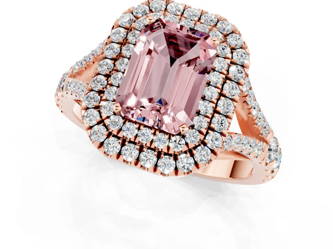 Rose gold Double Halo Emerald Cut Morganite Pavé Split Shank Ring with Prong Setting_1