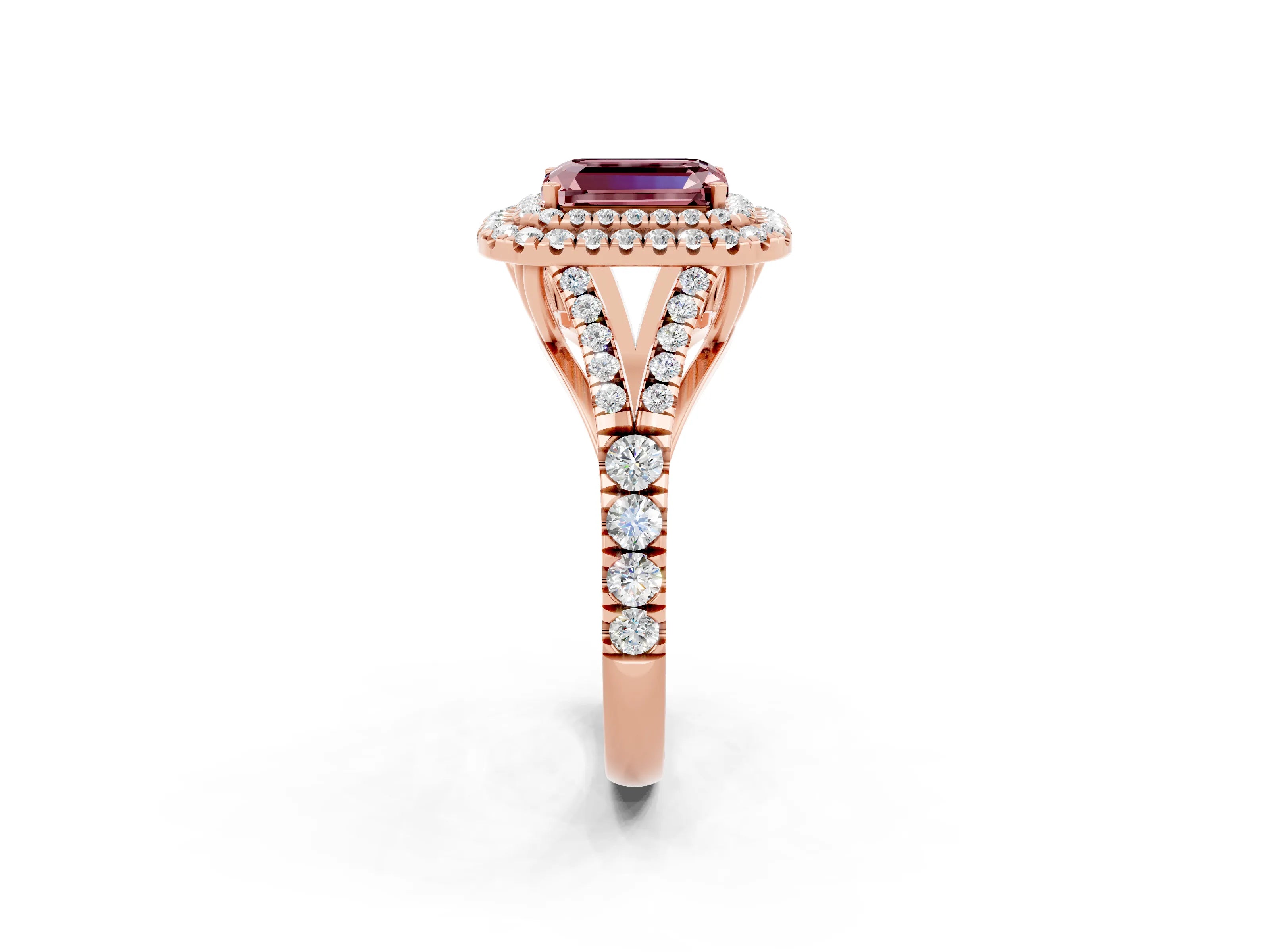 Rose gold Double Halo Emerald Cut Morganite Pavé Split Shank Ring with Prong Setting_2