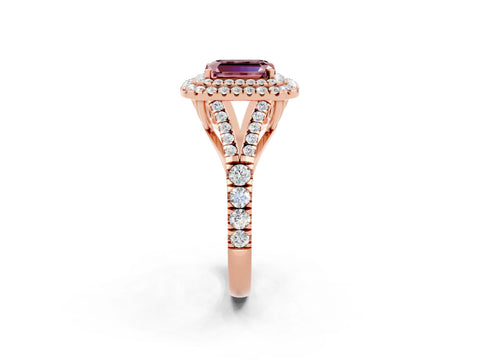 Rose gold Double Halo Emerald Cut Morganite Pavé Split Shank Ring with Prong Setting_2