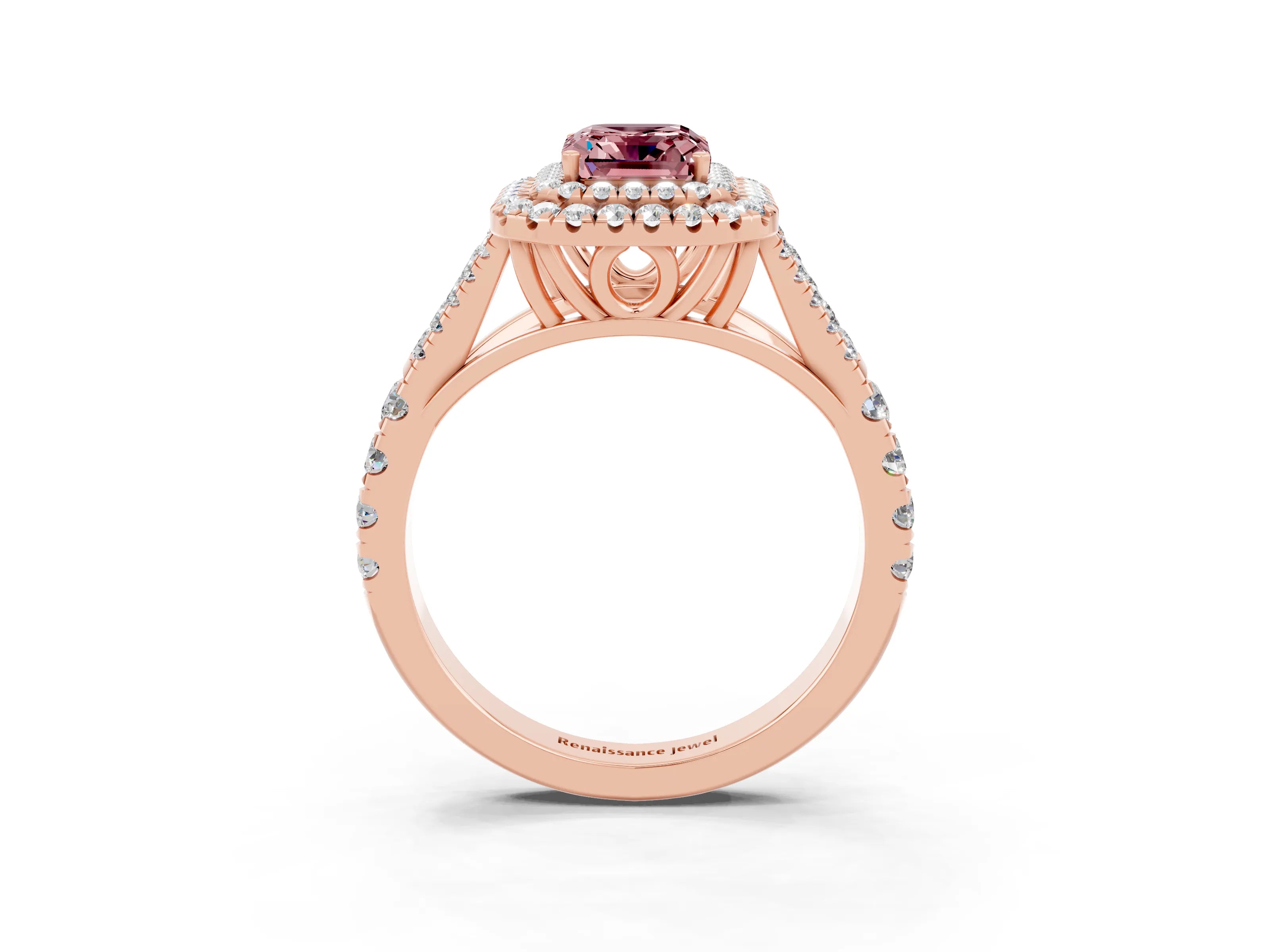 Rose gold Double Halo Emerald Cut Morganite Pavé Split Shank Ring with Prong Setting_3