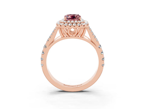 Rose gold Double Halo Emerald Cut Morganite Pavé Split Shank Ring with Prong Setting_3
