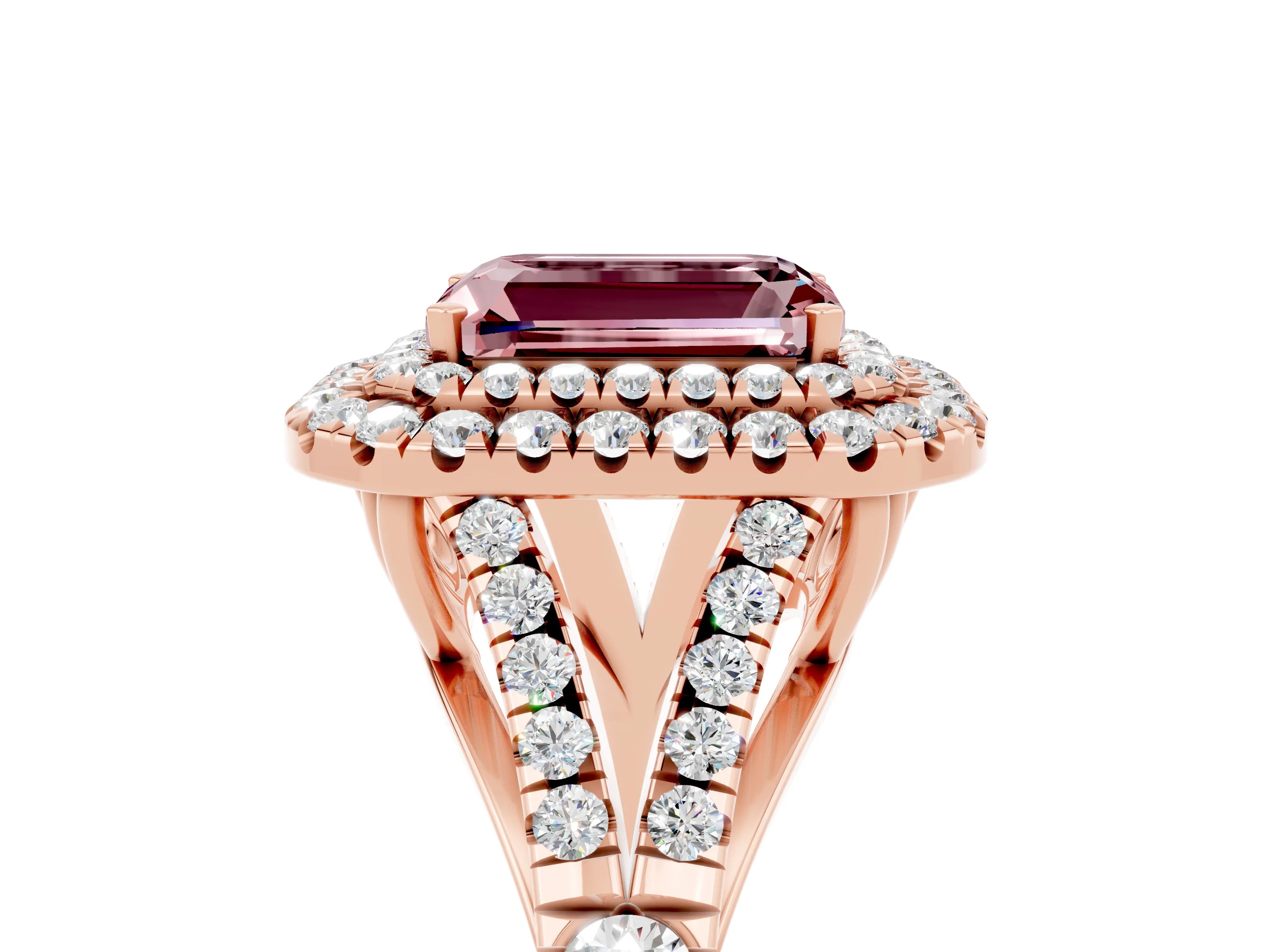 Rose gold Double Halo Emerald Cut Morganite Pavé Split Shank Ring with Prong Setting_5