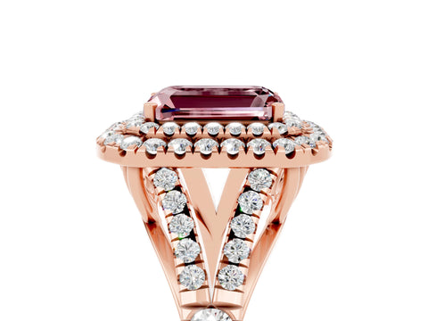 Rose gold Double Halo Emerald Cut Morganite Pavé Split Shank Ring with Prong Setting_5