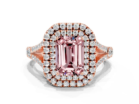 Rose gold Double Halo Emerald Cut Morganite Pavé Split Shank Ring with Prong Setting