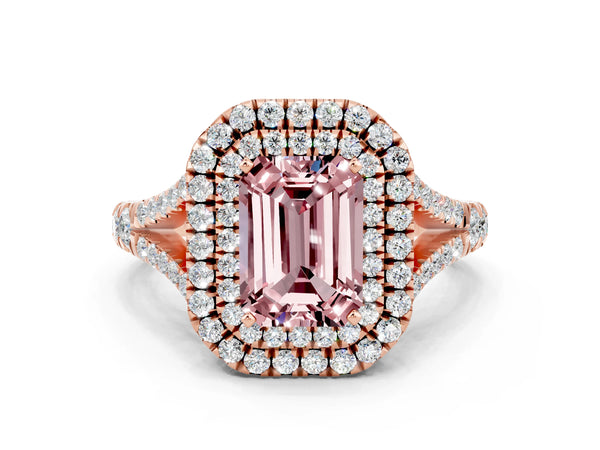 Rose gold Double Halo Emerald Cut Morganite Split Shank Engagement Ring with Four-Prong Setting