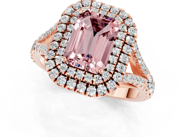 Rose gold Double Halo Emerald Cut Morganite Split Shank Engagement Ring with Four-Prong Setting