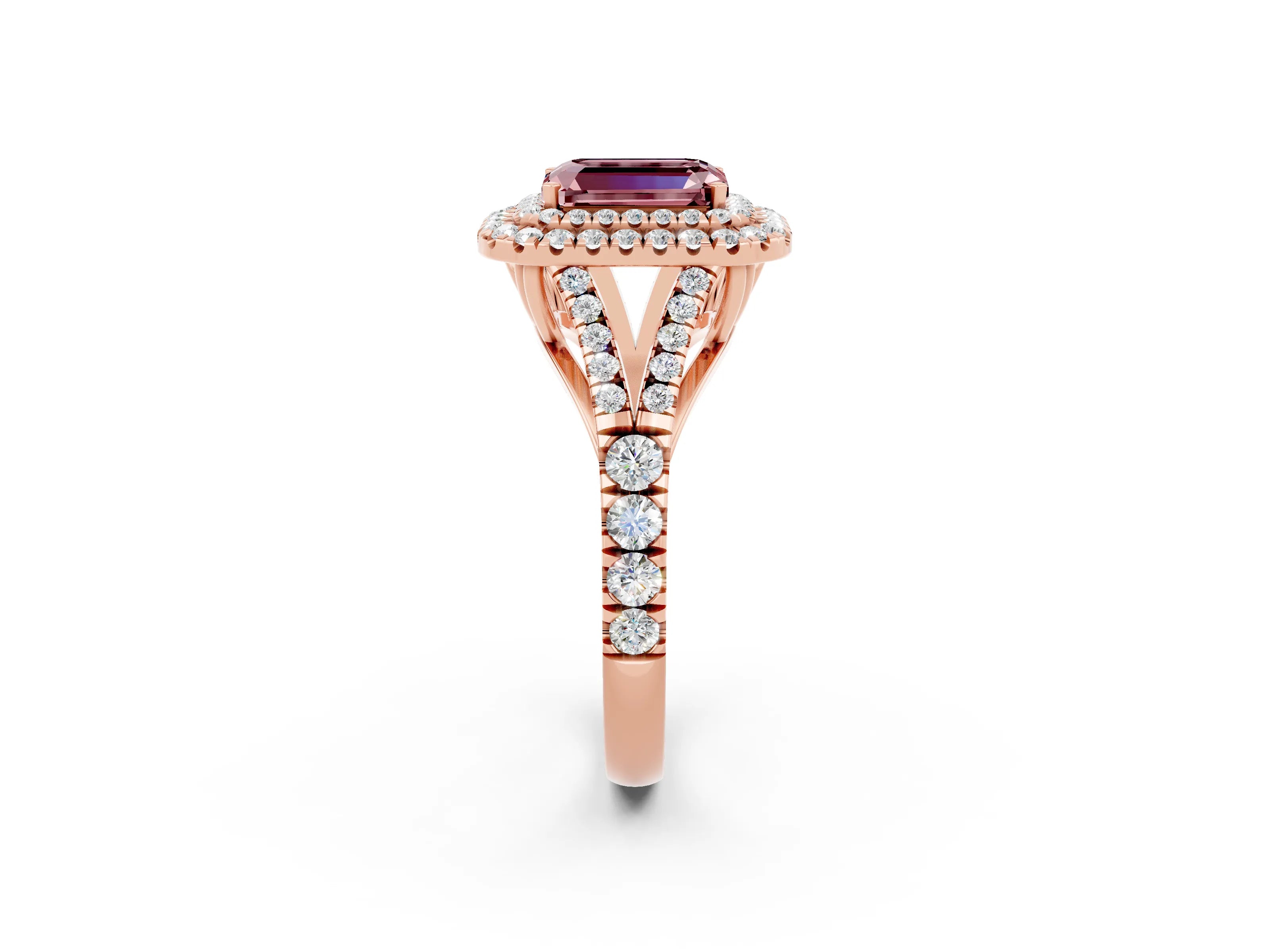 Rose gold Double Halo Emerald Cut Morganite Split Shank Engagement Ring with Four-Prong Setting_2