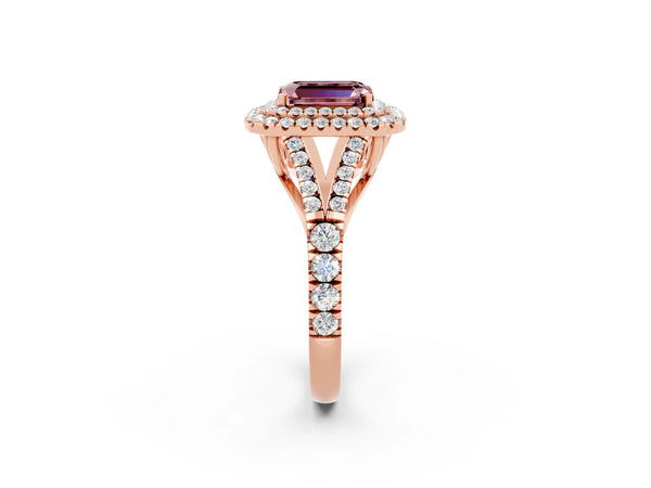 Rose gold Double Halo Emerald Cut Morganite Split Shank Engagement Ring with Four-Prong Setting