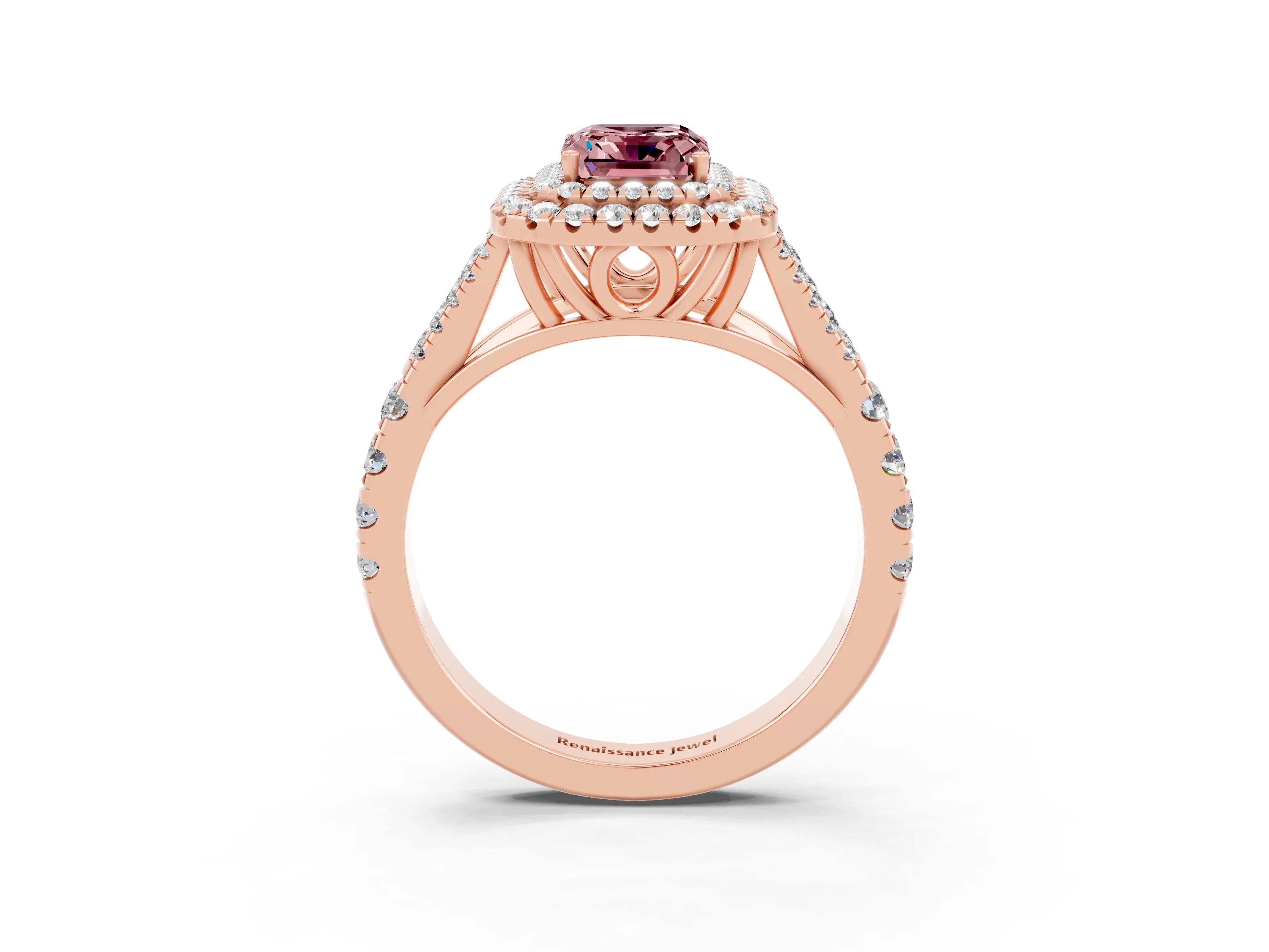 Rose gold Double Halo Emerald Cut Morganite Split Shank Engagement Ring with Four-Prong Setting_3