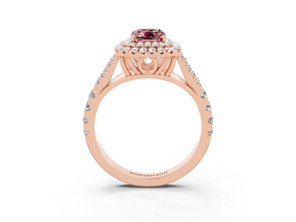 Rose gold Double Halo Emerald Cut Morganite Split Shank Engagement Ring with Four-Prong Setting