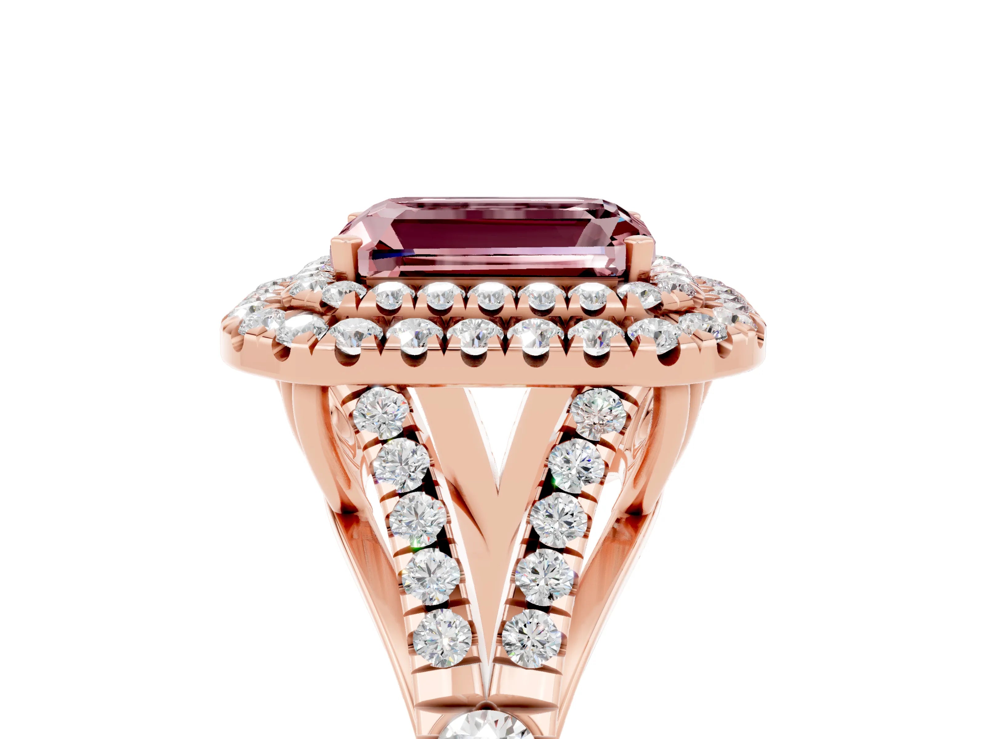 Rose gold Double Halo Emerald Cut Morganite Split Shank Engagement Ring with Four-Prong Setting_5
