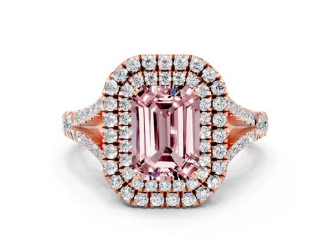 Rose gold Double Halo Emerald Cut Morganite Split Shank Engagement Ring with Four-Prong Setting