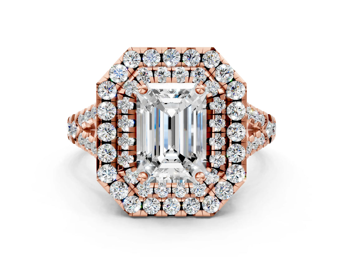 Rose gold Double Halo Emerald Cut Pave Split Shank Prong Set Ring_15