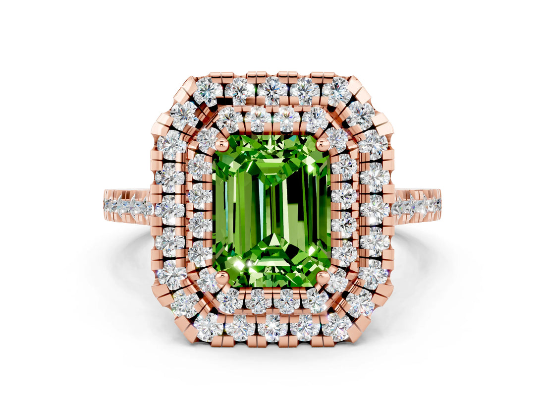 Rose gold Double Halo Emerald Cut Peridot Pavé Band with Four-Prong Setting