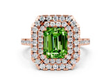 Rose gold Double Halo Emerald Cut Peridot Pavé Band with Four-Prong Setting