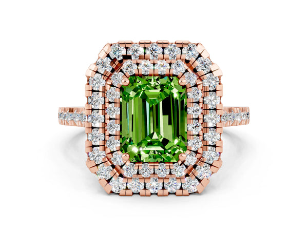 Rose gold Double Halo Emerald Cut Peridot Pavé Band with Four-Prong Setting