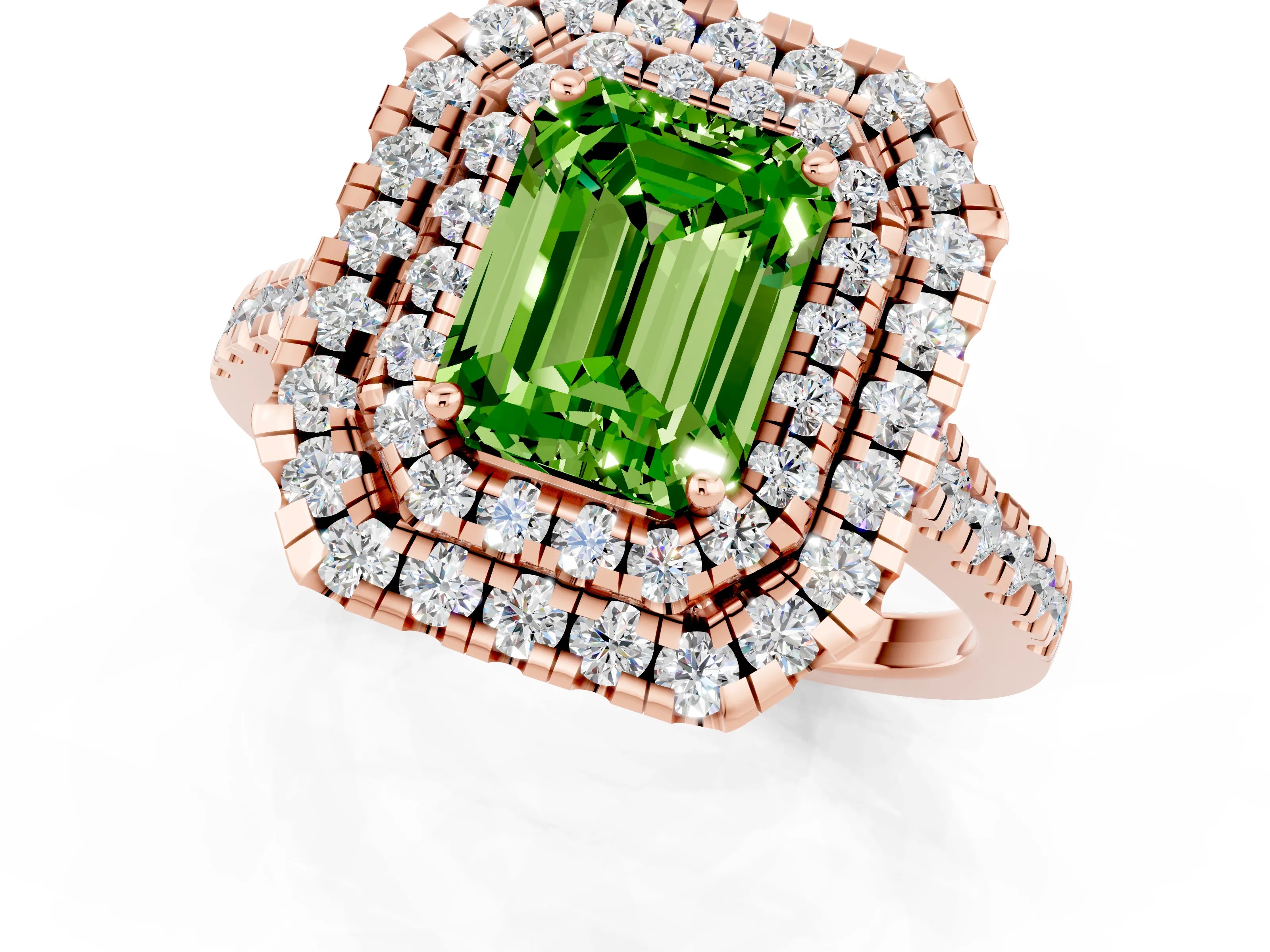 Rose gold Double Halo Emerald Cut Peridot Pavé Band with Four-Prong Setting_1