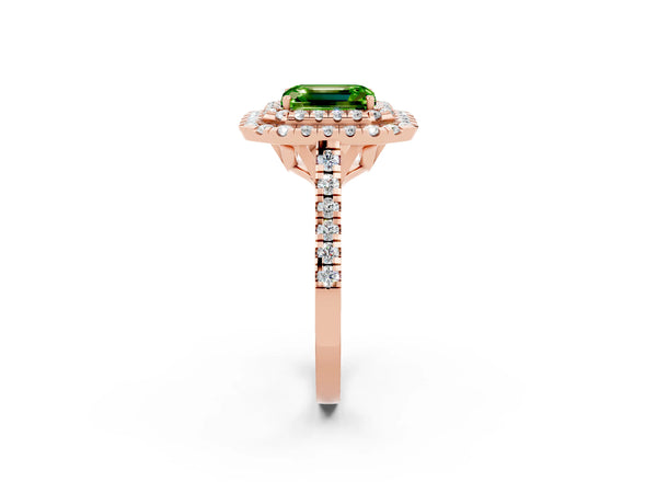 Rose gold Double Halo Emerald Cut Peridot Pavé Band with Four-Prong Setting