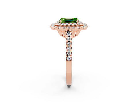 Rose gold Double Halo Emerald Cut Peridot Pavé Band with Four-Prong Setting_2