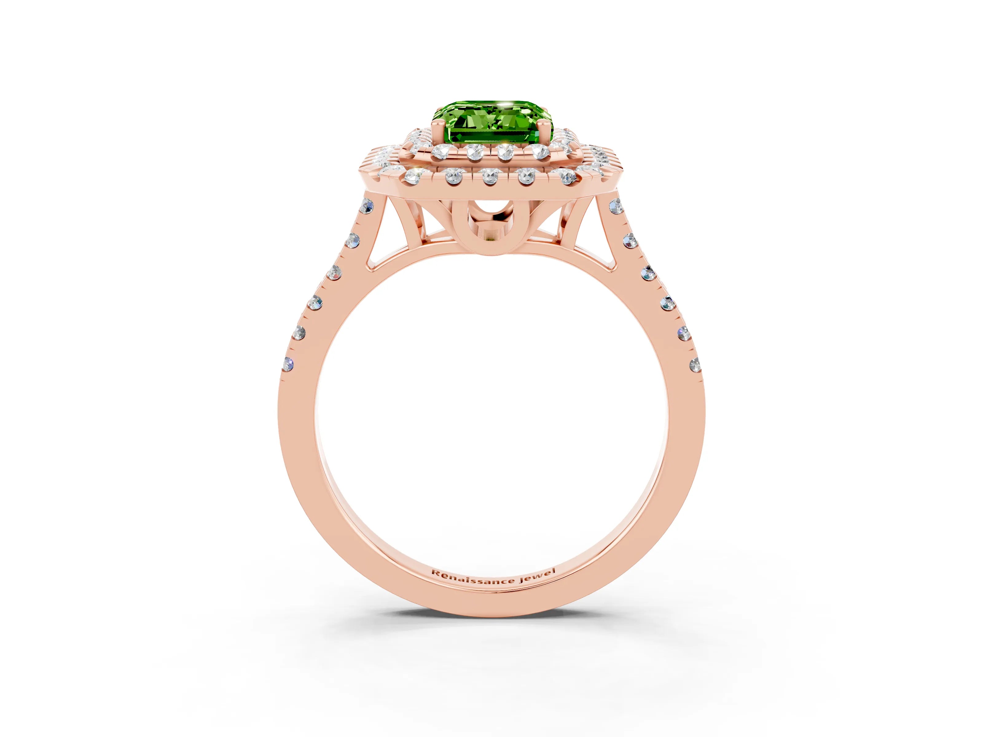 Rose gold Double Halo Emerald Cut Peridot Pavé Band with Four-Prong Setting_3
