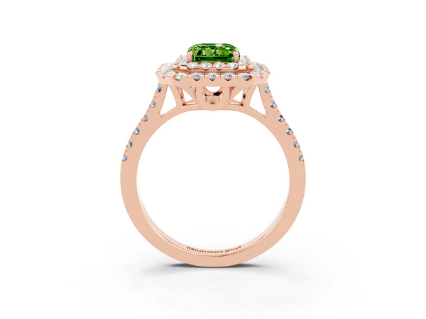 Rose gold Double Halo Emerald Cut Peridot Pavé Band with Four-Prong Setting