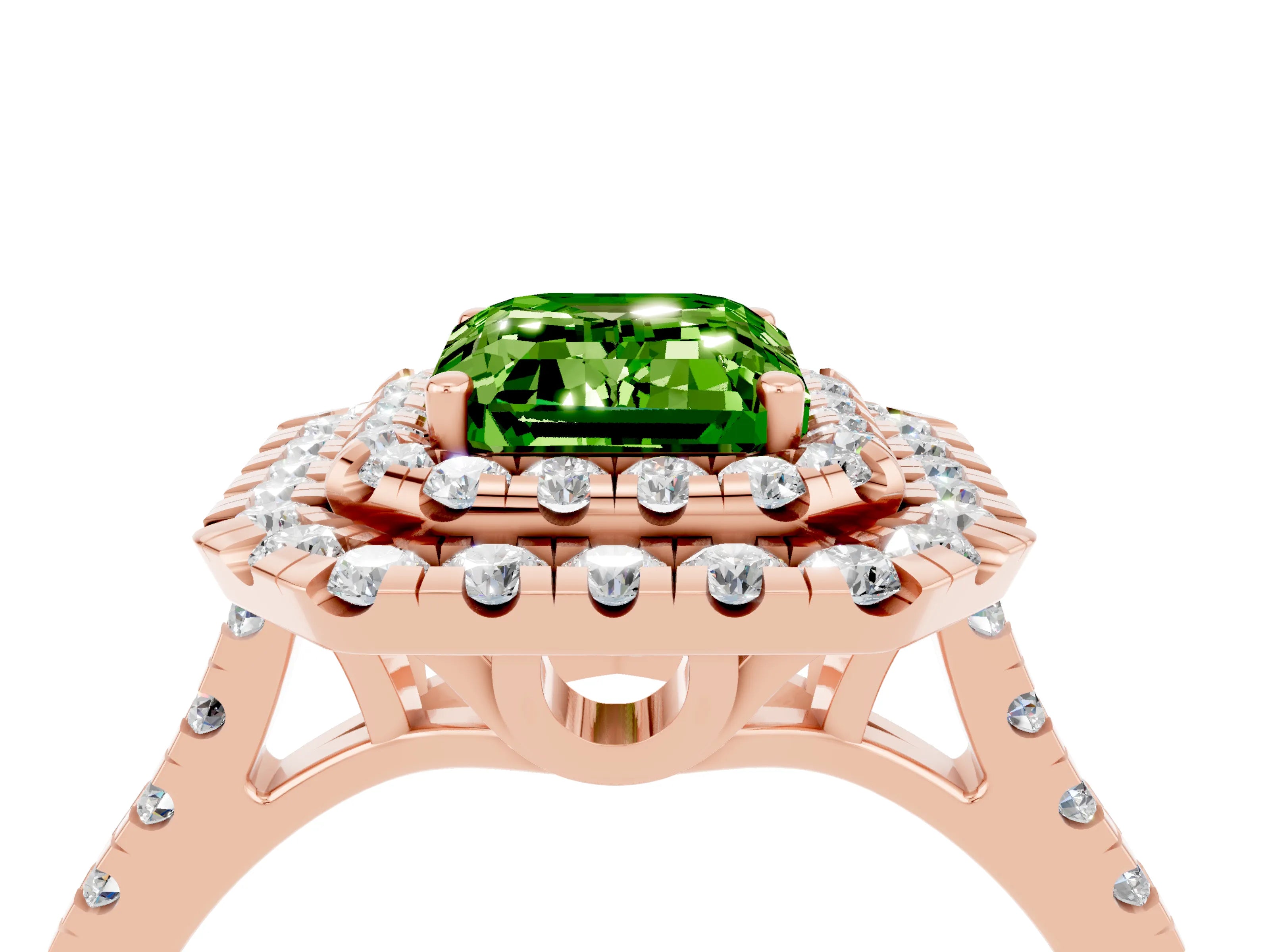 Rose gold Double Halo Emerald Cut Peridot Pavé Band with Four-Prong Setting_4