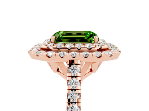 Rose gold Double Halo Emerald Cut Peridot Pavé Band with Four-Prong Setting_5