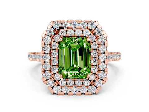 Rose gold Double Halo Emerald Cut Peridot Pavé Band with Four-Prong Setting
