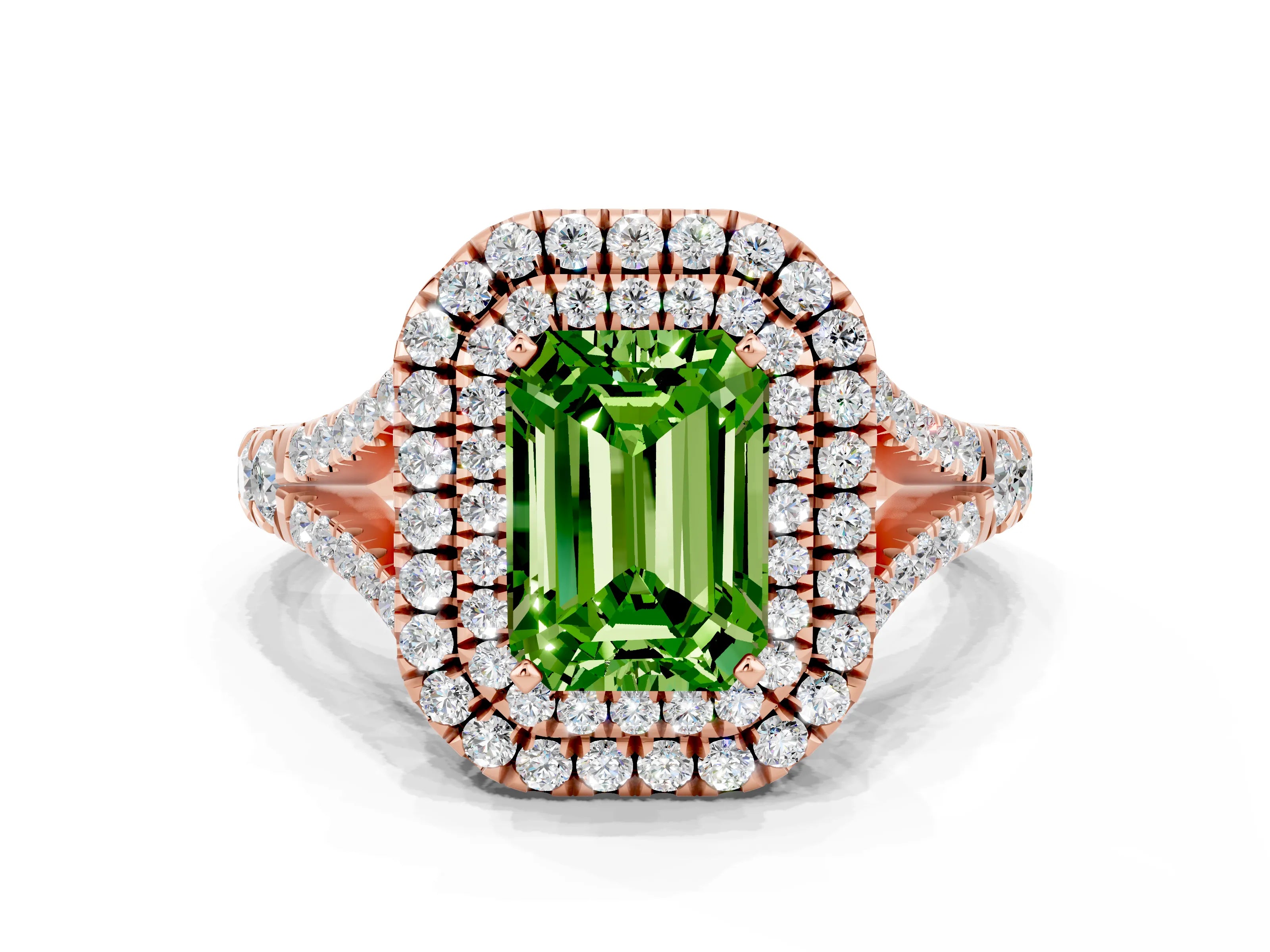 Rose gold Double Halo Emerald Cut Peridot Pavé Split Shank Ring with Prong Setting