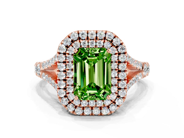 Rose gold Double Halo Emerald Cut Peridot Pavé Split Shank Ring with Prong Setting