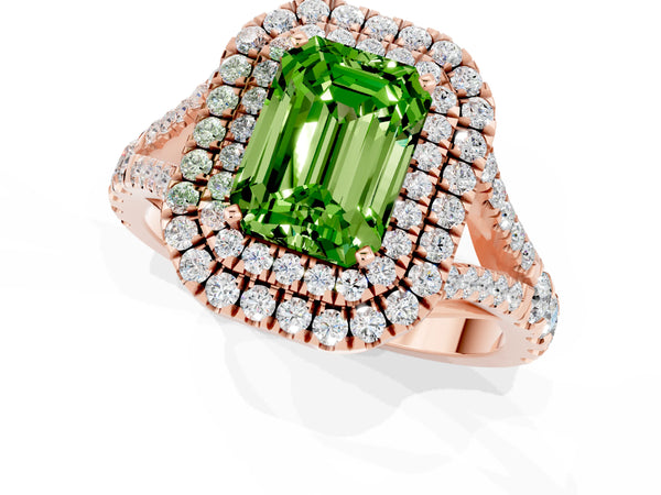 Rose gold Double Halo Emerald Cut Peridot Pavé Split Shank Ring with Prong Setting