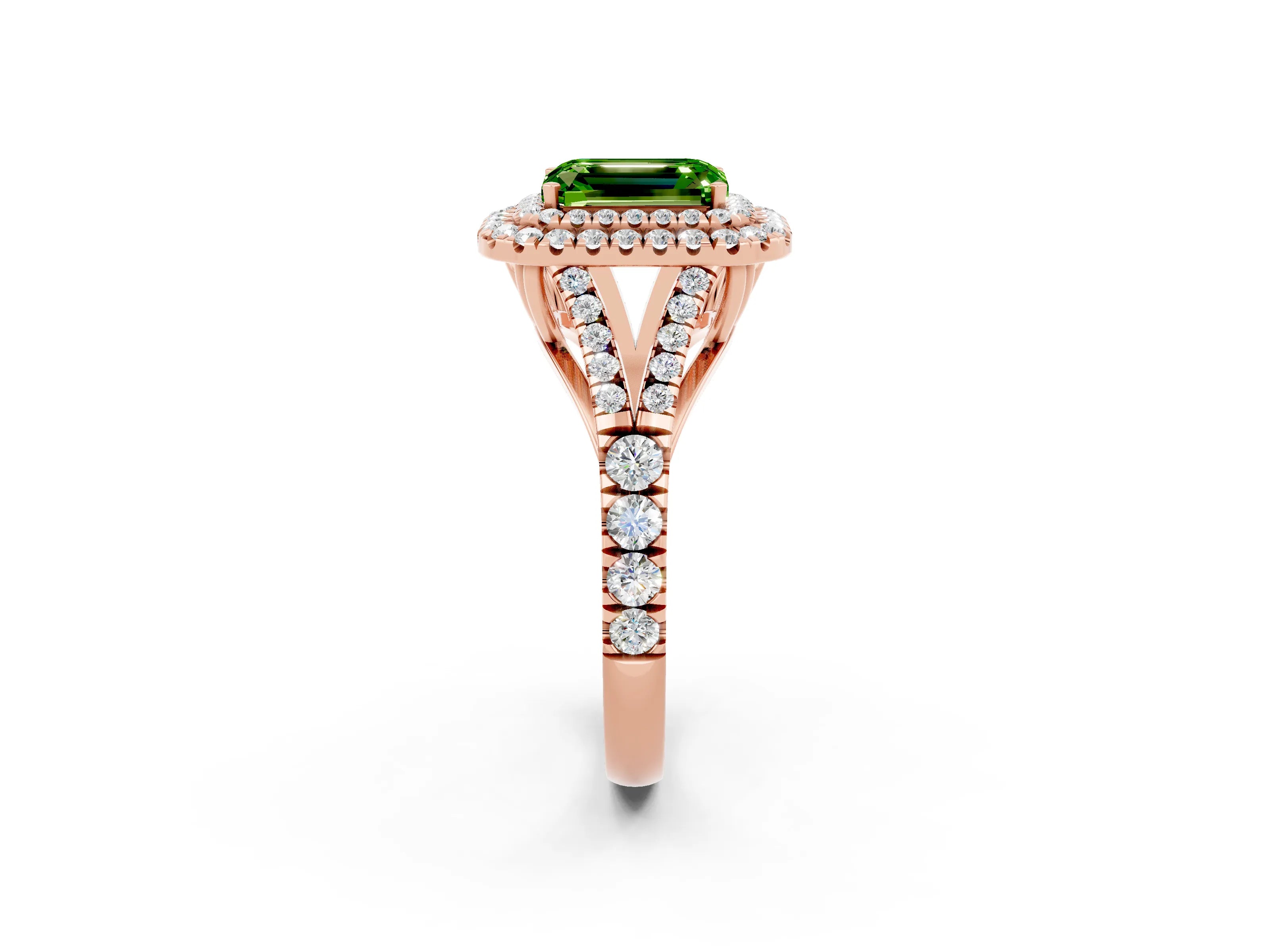 Rose gold Double Halo Emerald Cut Peridot Pavé Split Shank Ring with Prong Setting_2